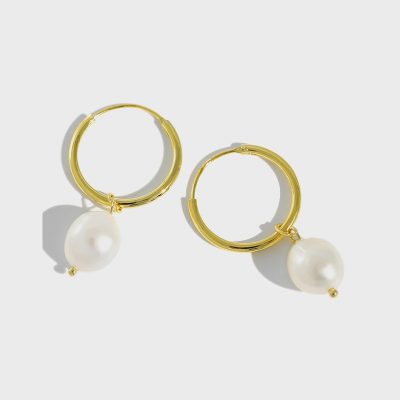 Sterling Silver Baroque Pearl Large Hoop Earrings for women, made of 925 sterling and baroque pear