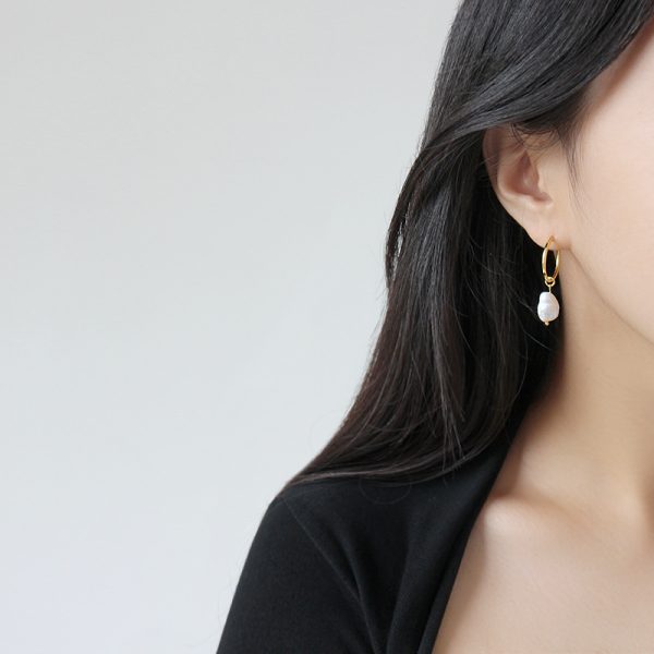 Sterling Silver Baroque Pearl Large Hoop Earrings for women, women wear view image