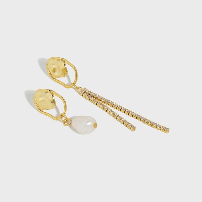 Sterling Silver Drop Earrings With Zirconia Pearl Asymmetric