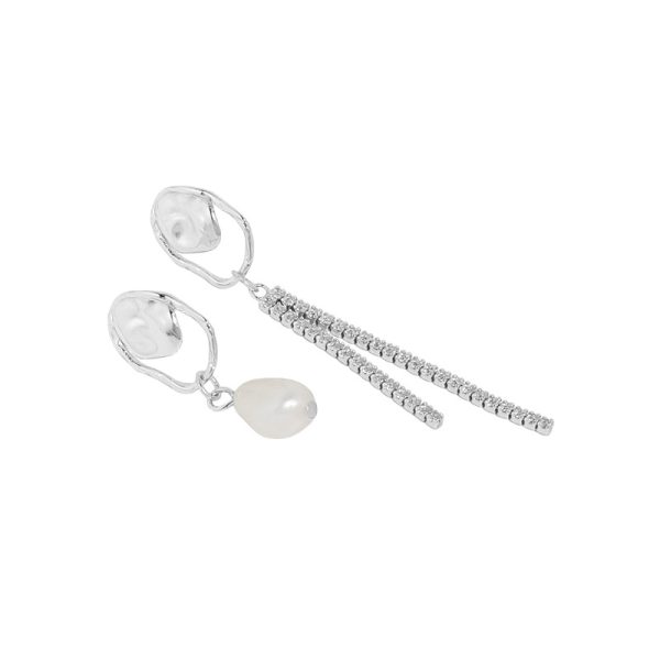 Sterling Silver Drop Earrings With Zirconia Pearl Asymmetric
