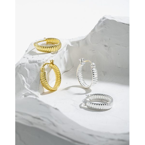 Gear texture sterling silver hoop earrings for women