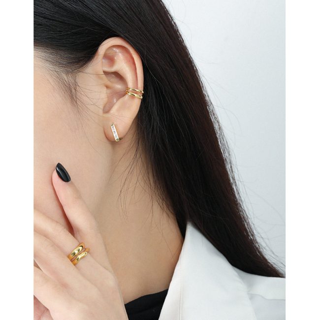Sterling Silver Trapezoidal Hoop Earrings for women, women wear view image
