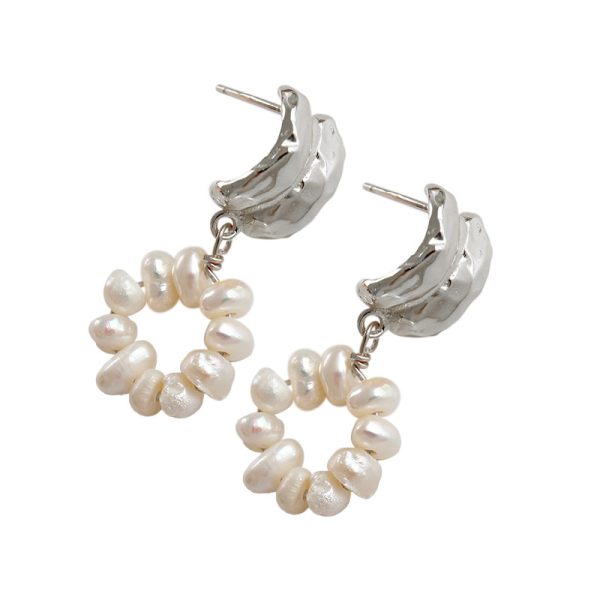 White Freshwater Pearl Silver Drop Earrings For Women