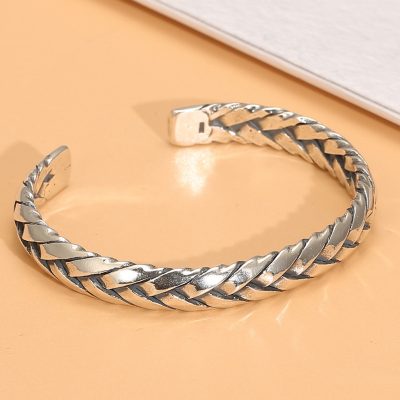 Sterling silver bangle bracelet, handcrafted with flat silver strips, featuring vintage Thai silver craftsmanship.
