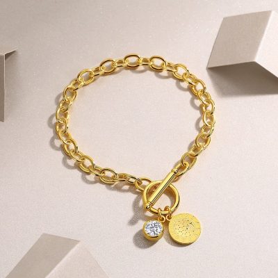 925 Sterling Silver Oval Chain Bracelet With Diamond, silver bracelets for women, made of 925 sterling silver, plated yellow gold color, weight about 13.3g
