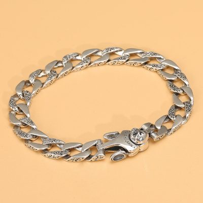 925 Sterling Silver Skull Carved Twist Chain Bracelet