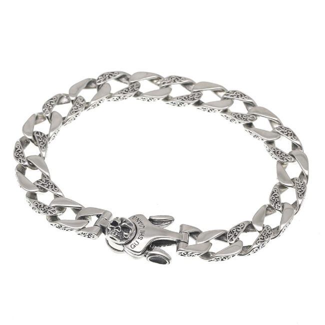 925 Sterling Silver Skull Carved Twist Chain Bracelet - Image 5