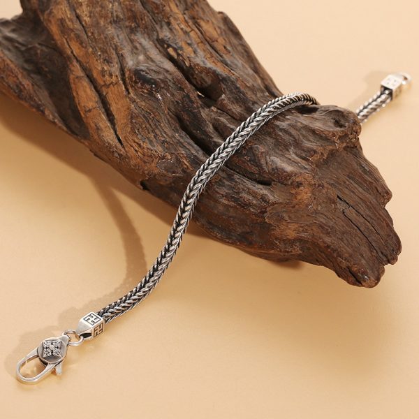 925 Sterling Silver Bracelet for men, Square Braid detail view image, spring clasp for easy wear and removal