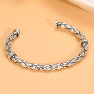Sterling silver bangle bracelet, twist pattern open cuff bangle