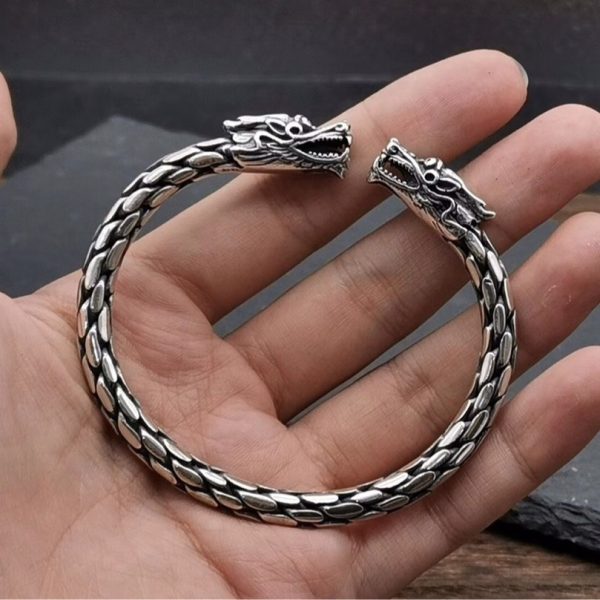 925 Sterling Thai Silver Dragon Open Bangle, wear view image