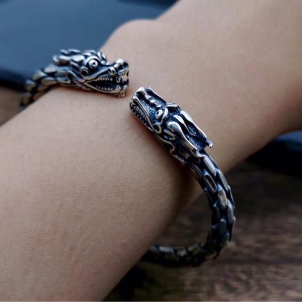 925 Sterling Thai Silver Dragon Open Bangle, wear view image
