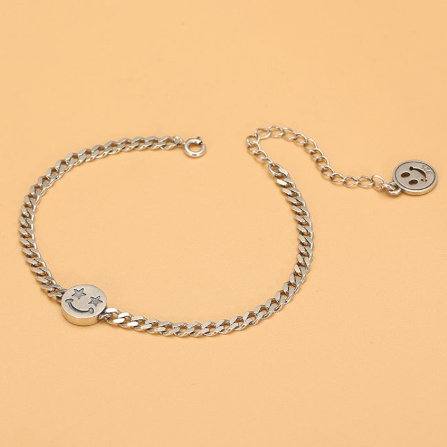 Happy Face 925 Sterling Silver Curb Chain Bracelet, left view