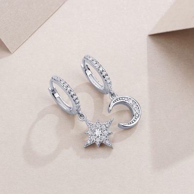 Small with Moon & Star Sterling Silver Hoop Earrings for women, a hoop earring is moon, another is star shape
