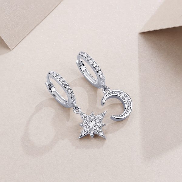 Small with Moon & Star Sterling Silver Hoop Earrings for women, a hoop earring is moon, another is star shape