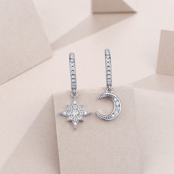 Small with Sterling Silver Hoop Earrings with Moon & Star, hinge with snap-post closure