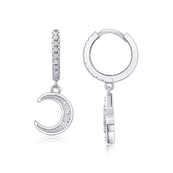 Small with Moon & Star Sterling Silver Hoop Earrings for women, a hoop earring is moon, another is star shape