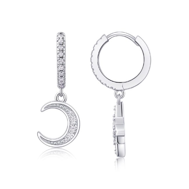 Small with Moon & Star Sterling Silver Hoop Earrings for women, a hoop earring is moon, another is star shape