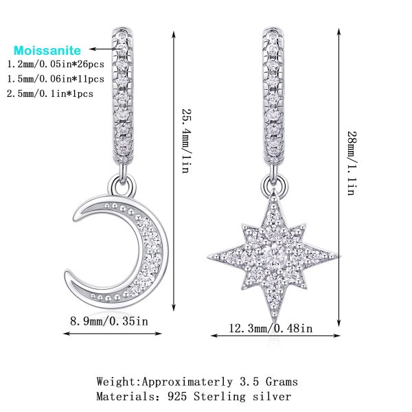 Small with Moon & Star Sterling Silver Hoop Earrings for women, made of 925 sterling silver and moissanite, plated 18 white gold