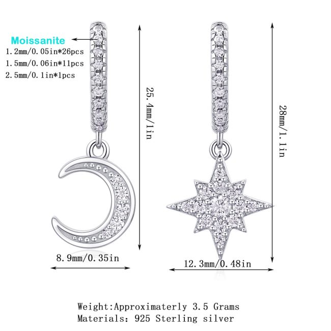 Small with Moon & Star Sterling Silver Hoop Earrings for women, made of 925 sterling silver and moissanite, plated 18 white gold