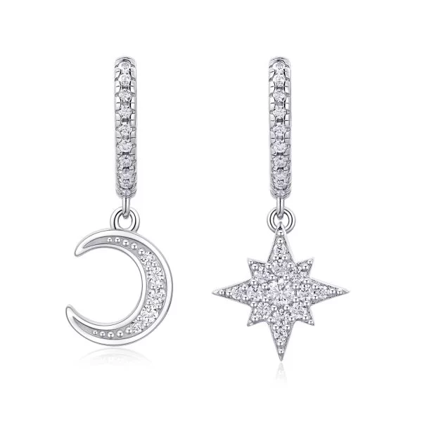 Small with Moon & Star Sterling Silver Hoop Earrings for women, hinge with snap-post closure