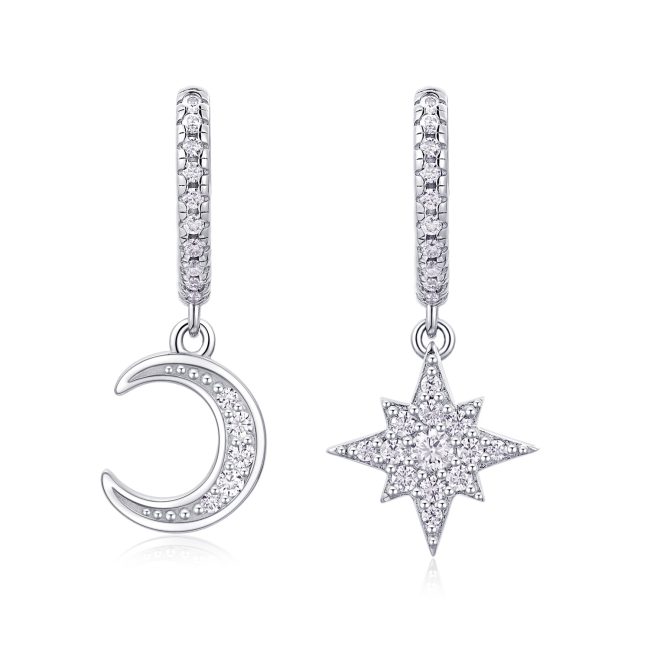 Small with Moon & Star Sterling Silver Hoop Earrings for women, hinge with snap-post closure
