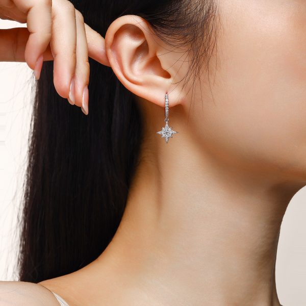 Small Sterling Silver Hoop Earrings with Moon & Star Drops Wear View