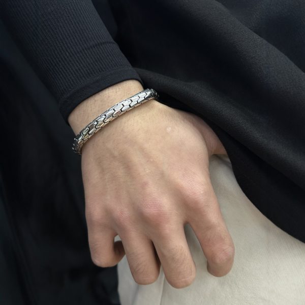 Snakeskin Sterling Silver Bracelet for men, wear view image, made of 925 sterling silver, width about 8mm