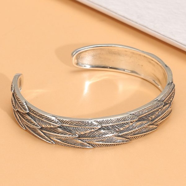Sterling silver bangle bracelet, feather texture open cuff bracelet