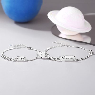 A pair of 925 Sterling Silver Couple Bracelet with heart, made of sterling silver, mens bracelet weight about 5.74g, womens bracelet weight about 3.11g,