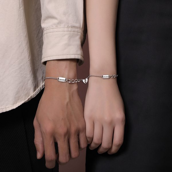 925 Sterling Silver Couple heart Bracelet wear view, matching design, The hearts of men's and women's bracelets are attracted together
