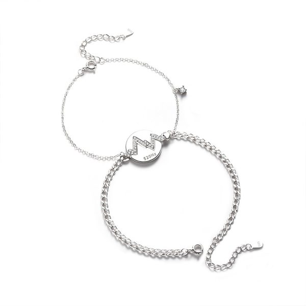 925 Sterling Silver Couple Heartbeat Bracelet with Cuban Link Chain blank bracelet