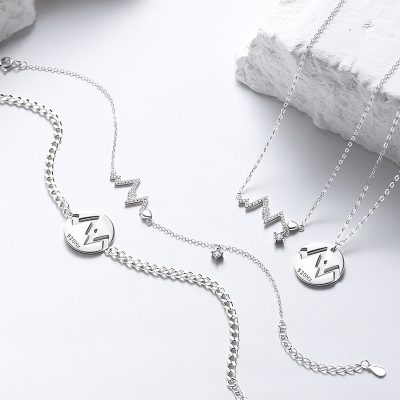 925 Sterling Silver Couple Heartbeat Bracelet with Cuban Link Chain bracelet set