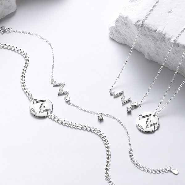 925 Sterling Silver Couple Heartbeat Bracelet with Cuban Link Chain bracelet set