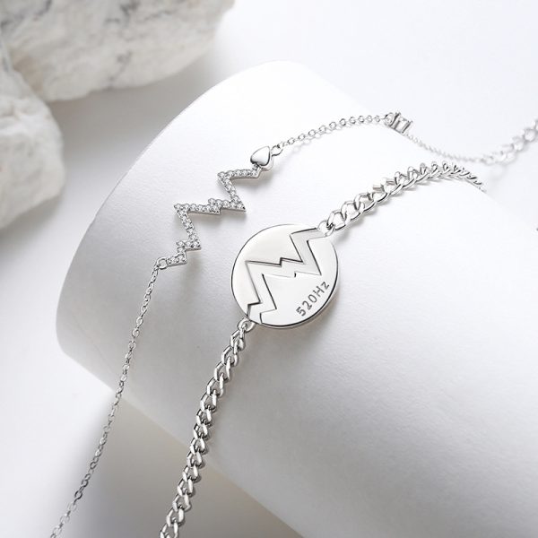925 Sterling Silver Couple Heartbeat Bracelet with Cuban Link Chain side view image