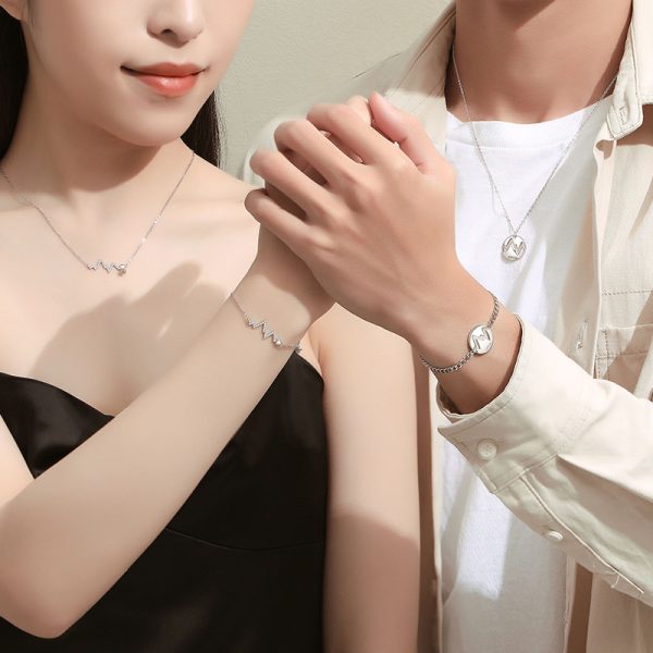 925 Sterling Silver Couple Heartbeat Bracelet with Cuban Link Chain wear bracelet