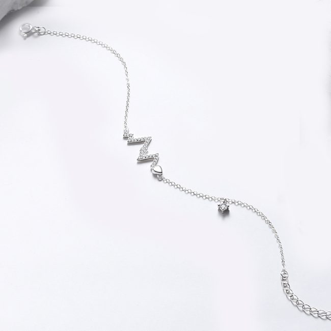 925 Sterling Silver Couple Heartbeat Bracelet with Cuban Link Chain women bracelet