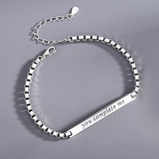 Couple Bracelets Silver for women, Engraving the word "you complete me"