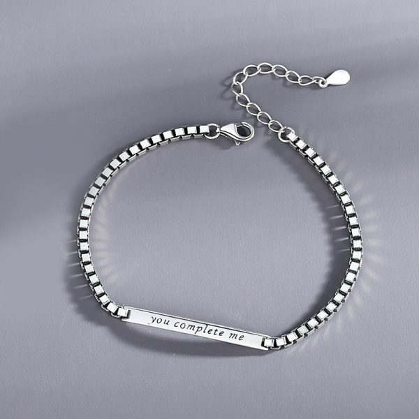 Couple Bracelet Sterling Silver for women, box chain in sterling silver, Engraving the word "you complete me"