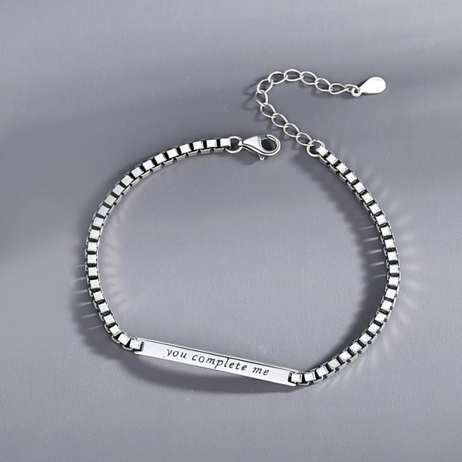 Couple Bracelet Sterling Silver for women, box chain in sterling silver, Engraving the word "you complete me"