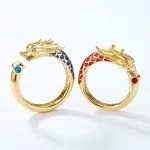 Anillos de pareja de plata con diseño de dragón y fénix - Conjunto Heritage