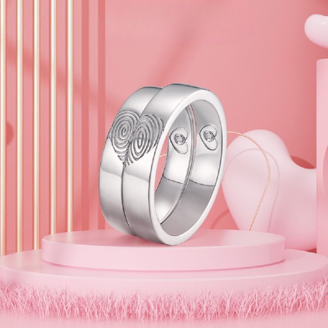 couple ring sterling silver with fingerprint heart