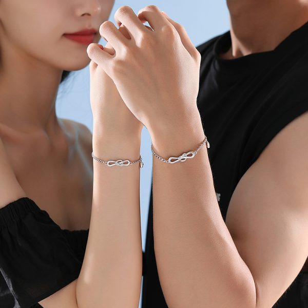 925 Sterling Silver Couple Love Knot Bracelet, couples wear the silver bracelet view