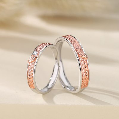 925 Sterling Silver Couple Rings With Wheat, made of 925 sterling silver, Ring surface engraved with golden wheat