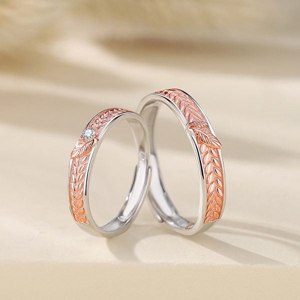 925 Sterling Silver Couple Rings With Wheat, made of 925 sterling silver, Ring surface engraved with golden wheat