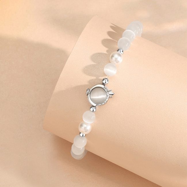 Bracciale in pietra - Perline in pietra naturale Bracciale occhio di gatto bianco Personalità da uomo Yin e Yang retrò Tai Chi Bracciale con perline nere luminose Bracciale con corda elastica da
