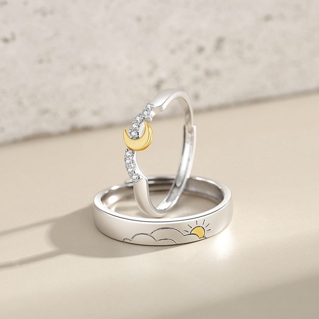 Couple Sterling Silver rings With Engraved Sun And Moon