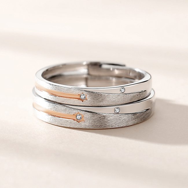 Engravable 925 Sterling Silver Couples Rings With Star, open design, adjustable size