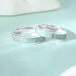 Anillos de pareja de plata 925 con esmalte cian y diseño de montaña - Artístico