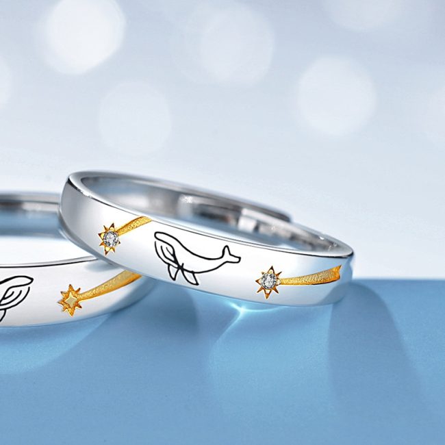 Star Couple Rings Silver For women, two stars are setting with moissanite in the center