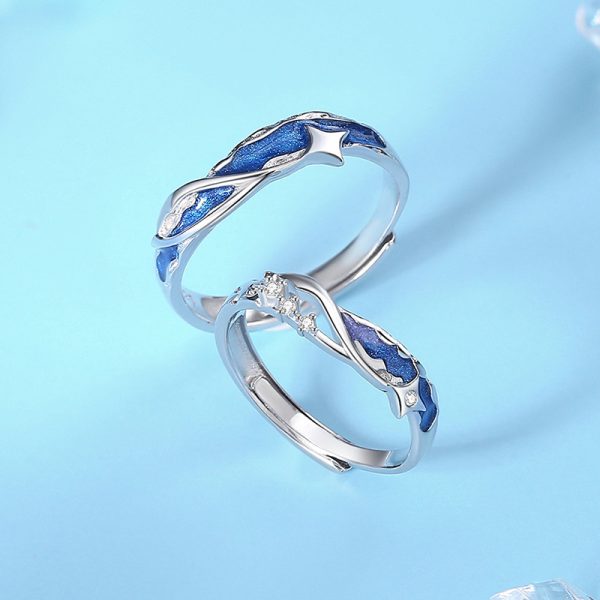 Star Silver Ring With Enamel Rings For Couples, front star detail view